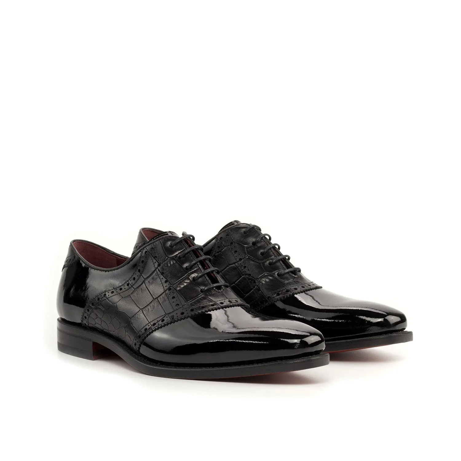 Ambrogio Bespoke Men's Shoes Black Crocodile Print / Patent Leather Formal Saddle Oxfords (AMB2285)