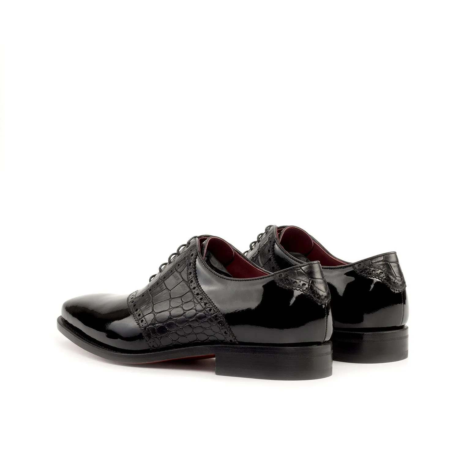 Ambrogio Bespoke Men's Shoes Black Crocodile Print / Patent Leather Formal Saddle Oxfords (AMB2285)