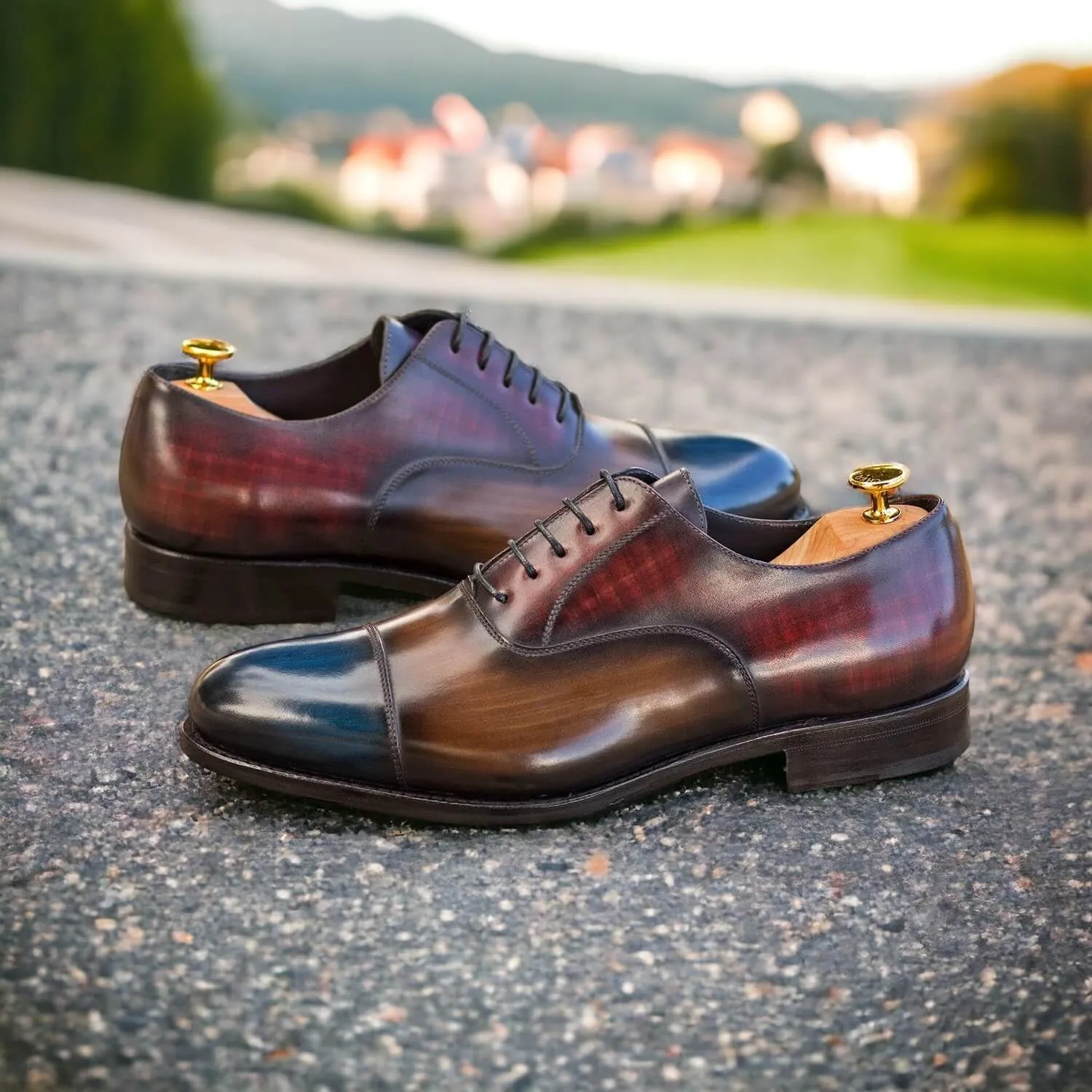 Ambrogio Bespoke Men's Shoes Multi-Color Patina Leather Lace-Up Oxfords (AMB2280)