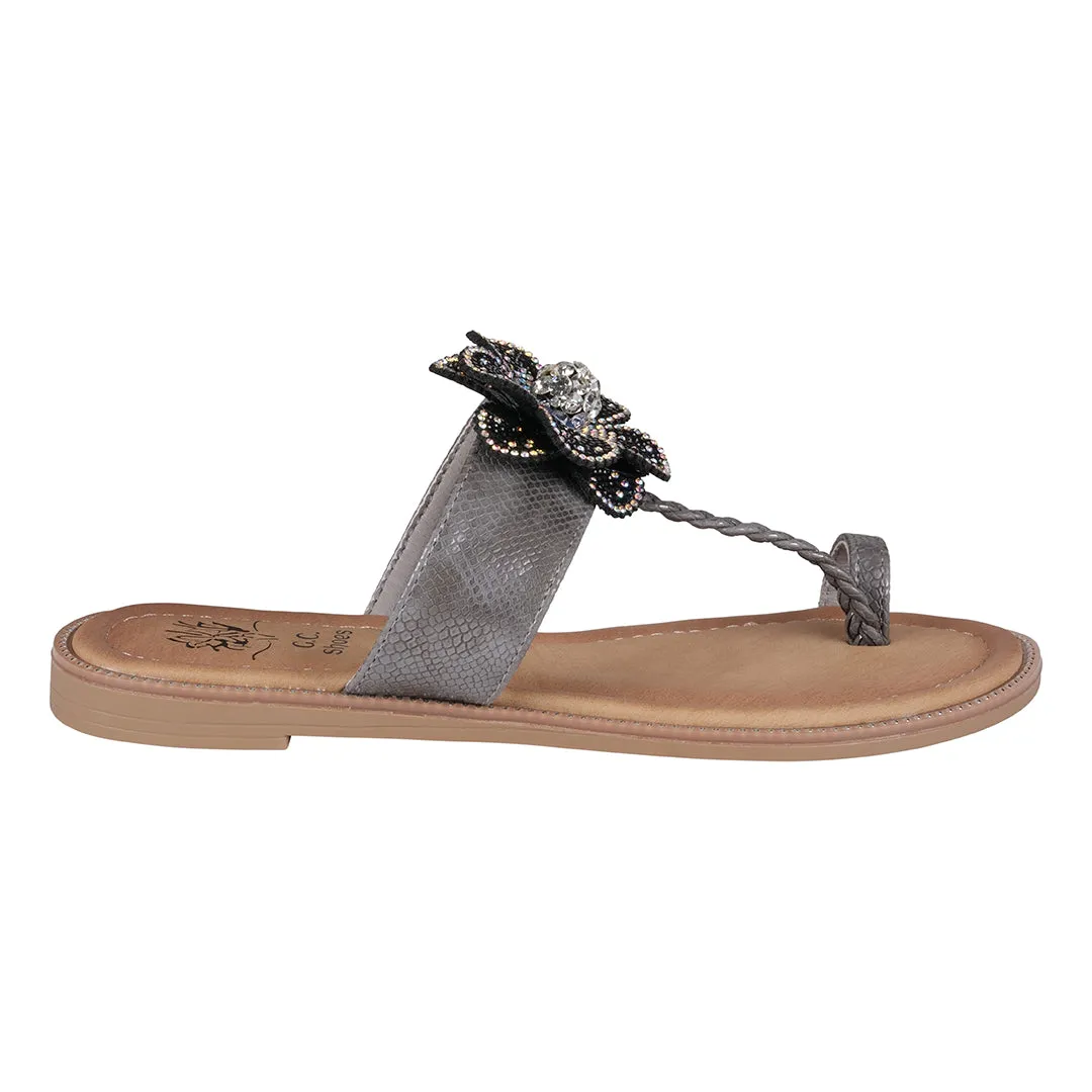 Blossom Black Embellished Flower Toe Ring Flat Sandals