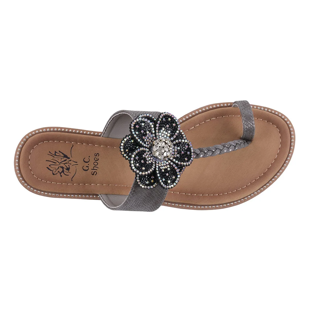 Blossom Black Embellished Flower Toe Ring Flat Sandals