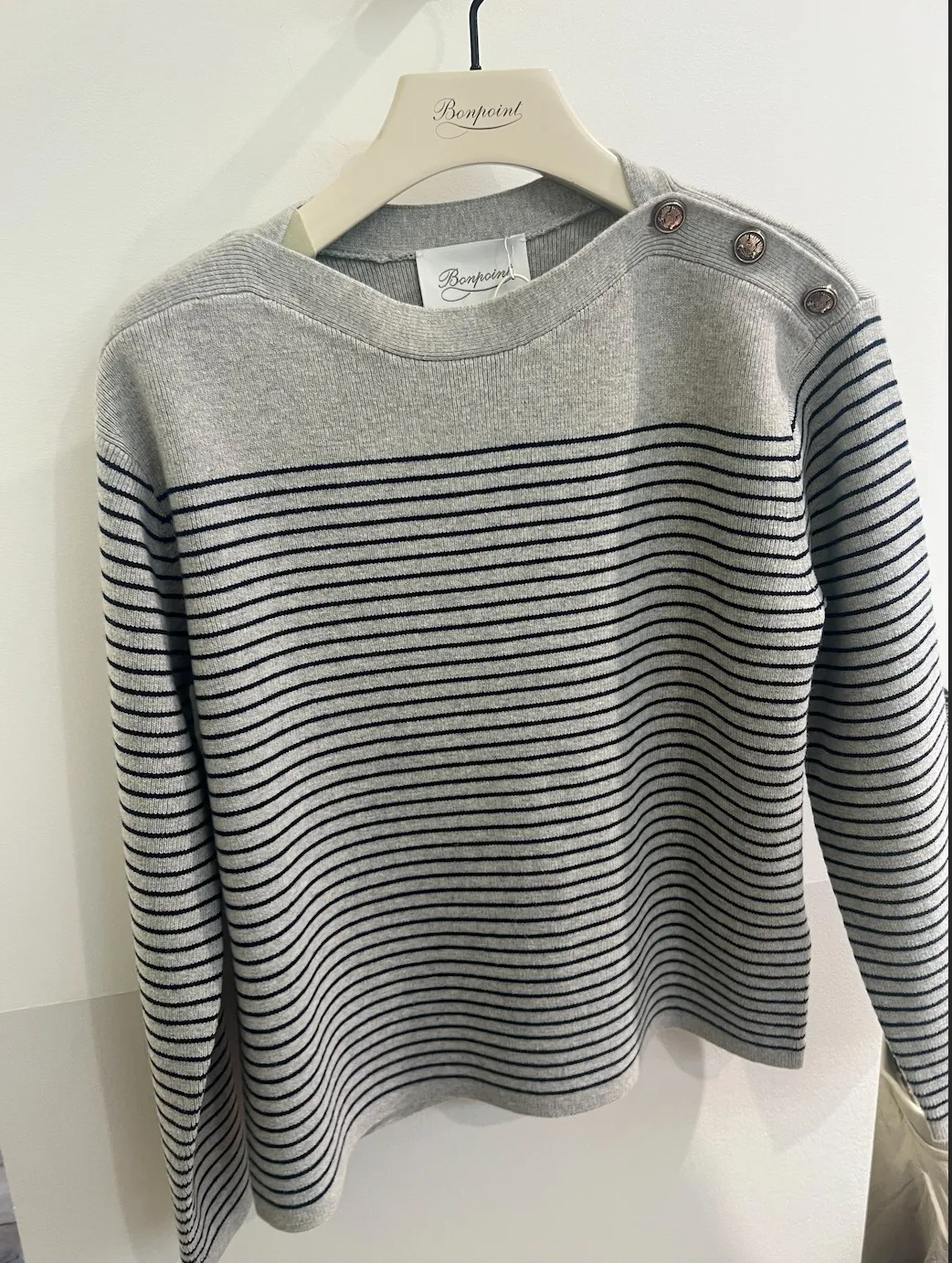 Bonpoint  |Stripes Wool U-Neck Long Sleeves Cotton V-neck & Crew neck