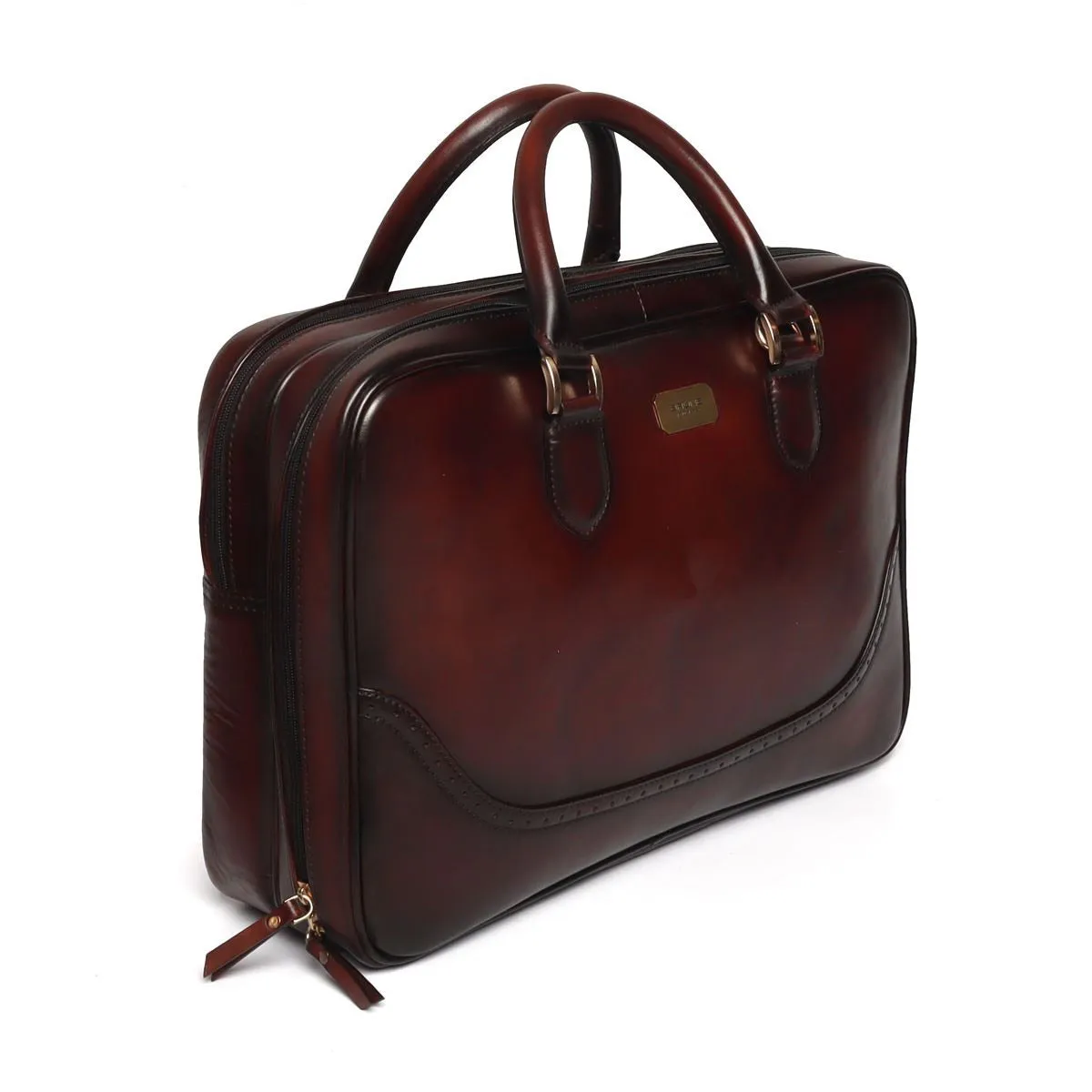 Brogue Detailing Laptop/Office Briefcase in Dark Brown Leather With Extra Compartment