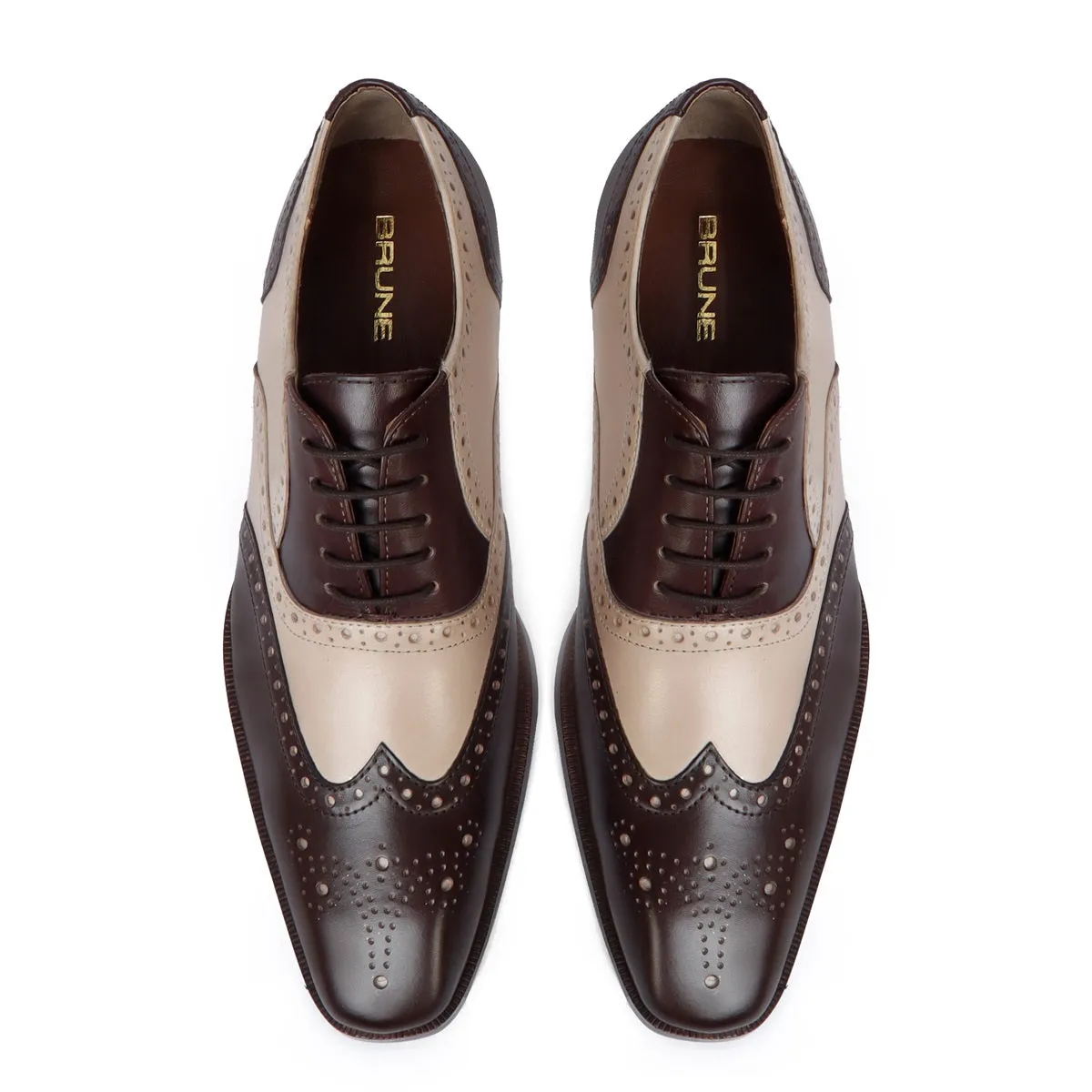 Chic Dual Tone Dove-Dark Brown Punching Brogues Oxford Lace-Up Leather Shoes by Brune & Bareskin