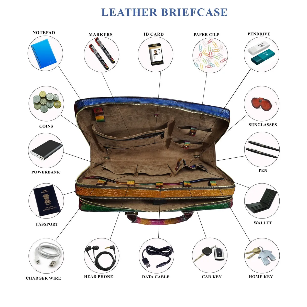 Customized Laptop Briefcase with Metal Initial in Multi-Colored Croco Textured Leather