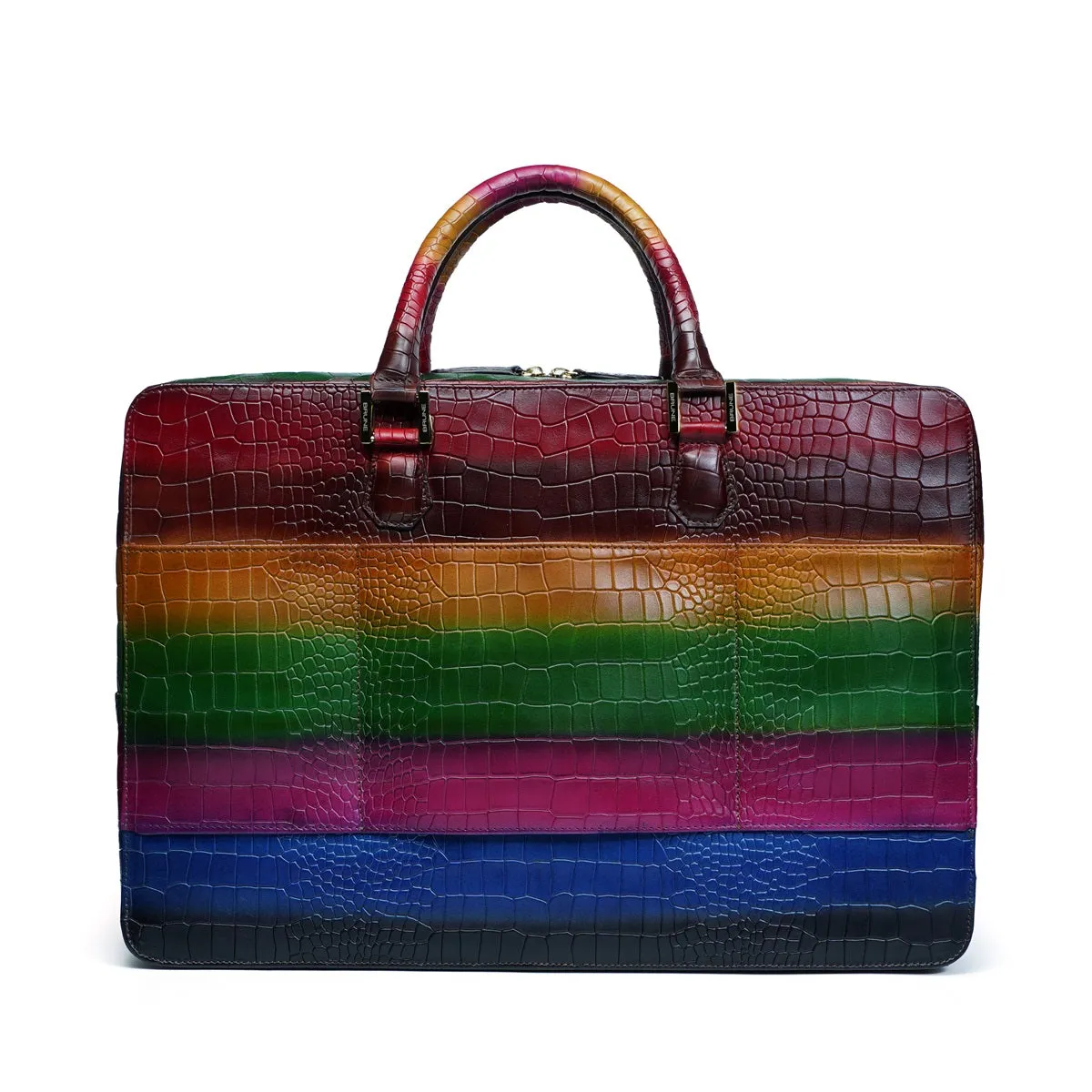 Customized Laptop Briefcase with Metal Initial in Multi-Colored Croco Textured Leather