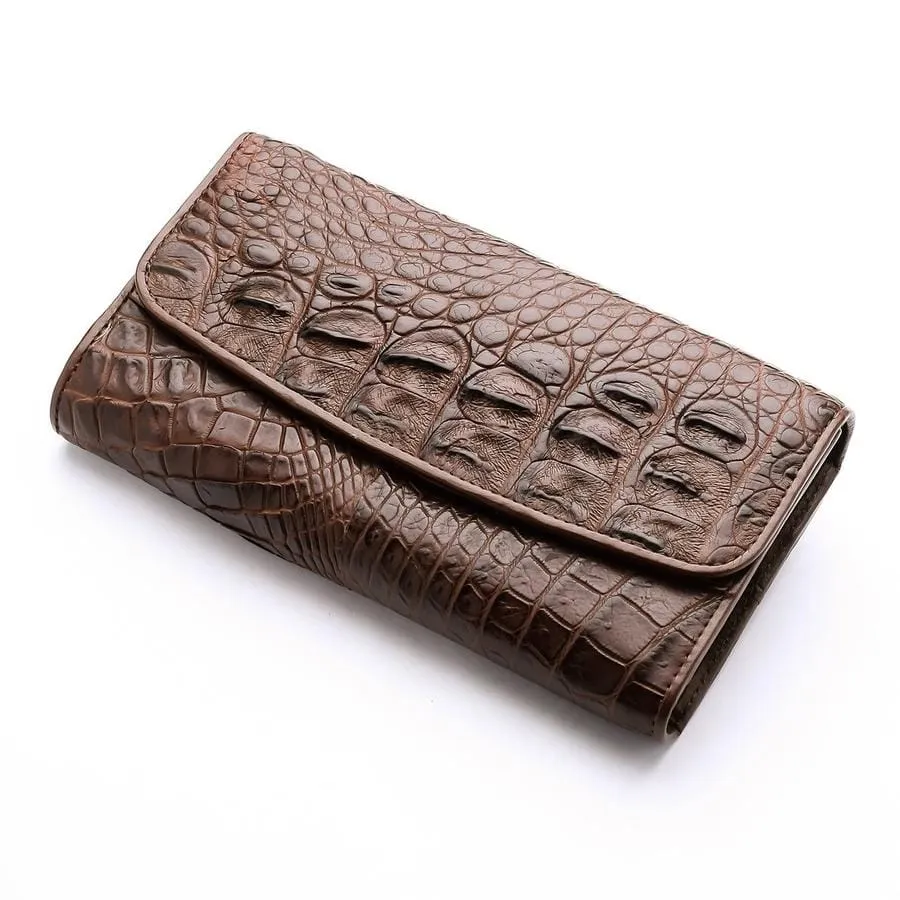 Dark Brown Genuine Crocodile Backbone Skin Womens Wallet