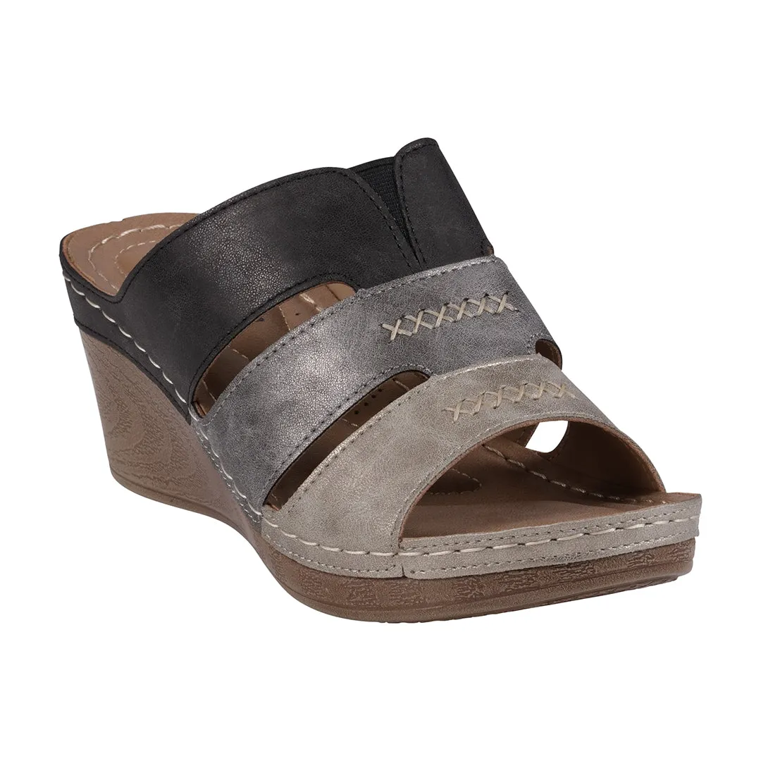 Delores Black Multi-Tone Triple Band Contrast Wedge Sandals