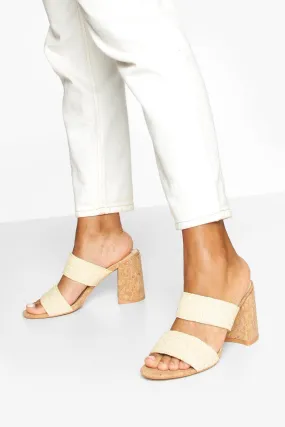 Double Strap Cork Block Heel Mules