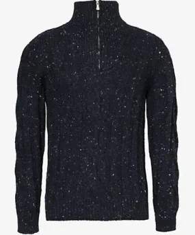 Eleventy Mens New Blue Cable-knit half-zip stretch wool and cashmere jumper