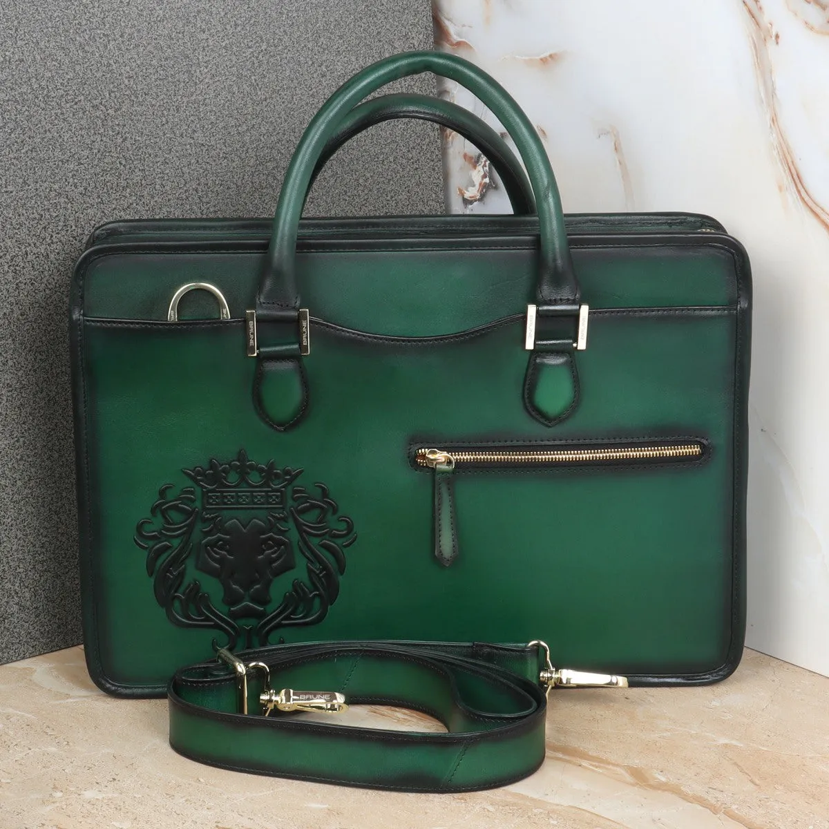 Embossed Lion Logo Classic Green Leather Laptop Briefcase By Brune & Bareskin