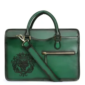 Embossed Lion Logo Classic Green Leather Laptop Briefcase By Brune & Bareskin