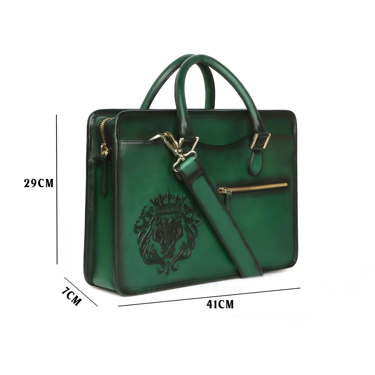 Embossed Lion Logo Classic Green Leather Laptop Briefcase By Brune & Bareskin