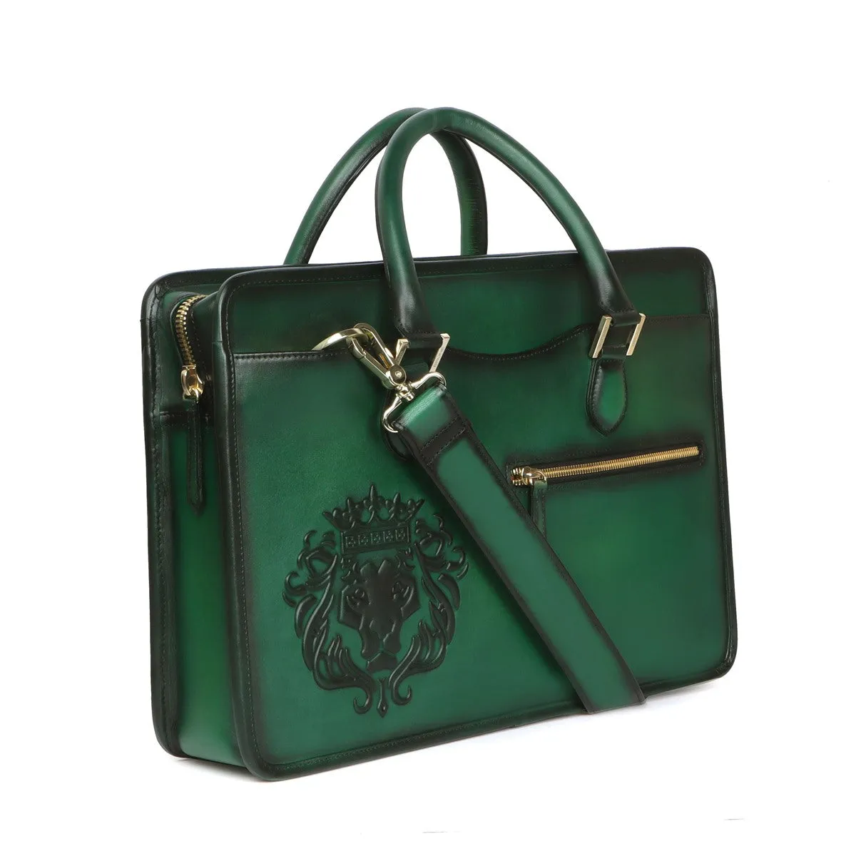 Embossed Lion Logo Classic Green Leather Laptop Briefcase By Brune & Bareskin