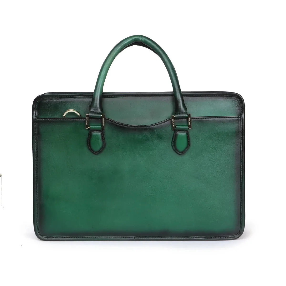 Embossed Lion Logo Classic Green Leather Laptop Briefcase By Brune & Bareskin