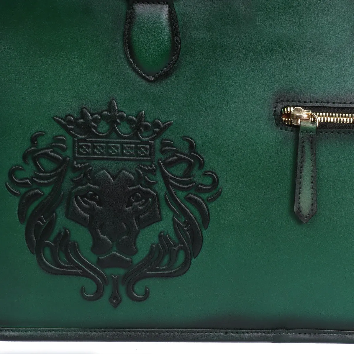 Embossed Lion Logo Classic Green Leather Laptop Briefcase By Brune & Bareskin