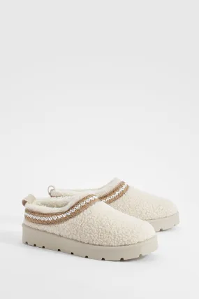 Embroidered Detailing Borg Slip On Cozy Mules