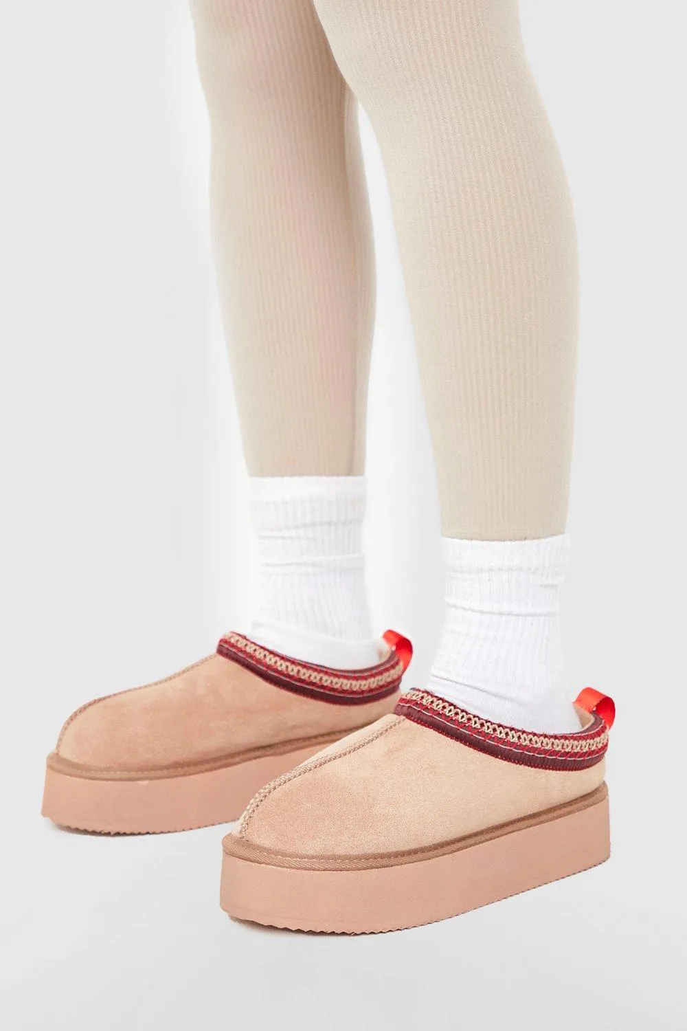 Embroidered Detailing Platform Slip On Cozy Mules