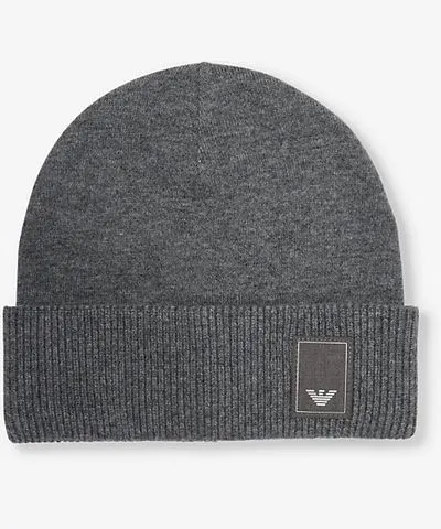 Emporio Armani Mens Dark Grey Melange Brand-patch ribbed stretch-wool blend beanie