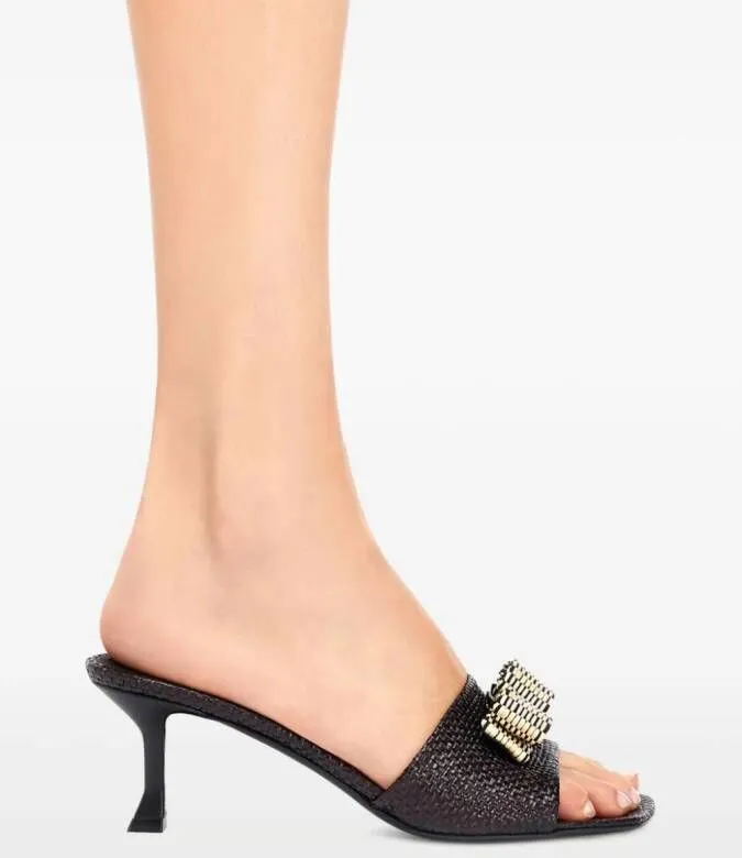 Ferragamo 55mm Vara Bow-detail raffia mules Black