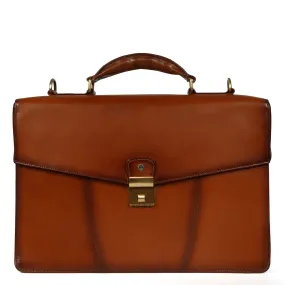 Flap Opening Secured Lock Tan Leather Office Laptop Briefcase With Organizer Compartment by Brune & Bareskin