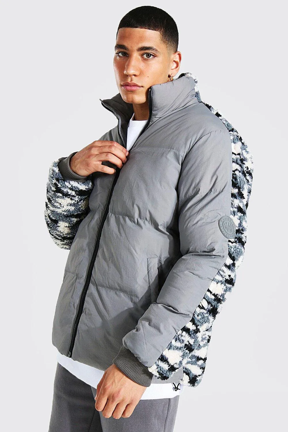 Funnel Neck Puffer With Camo Borg Back Panel | boohooMAN UK