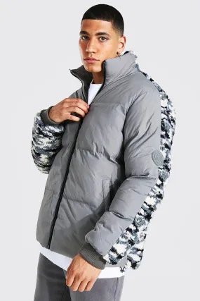 Funnel Neck Puffer With Camo Borg Back Panel | boohooMAN UK