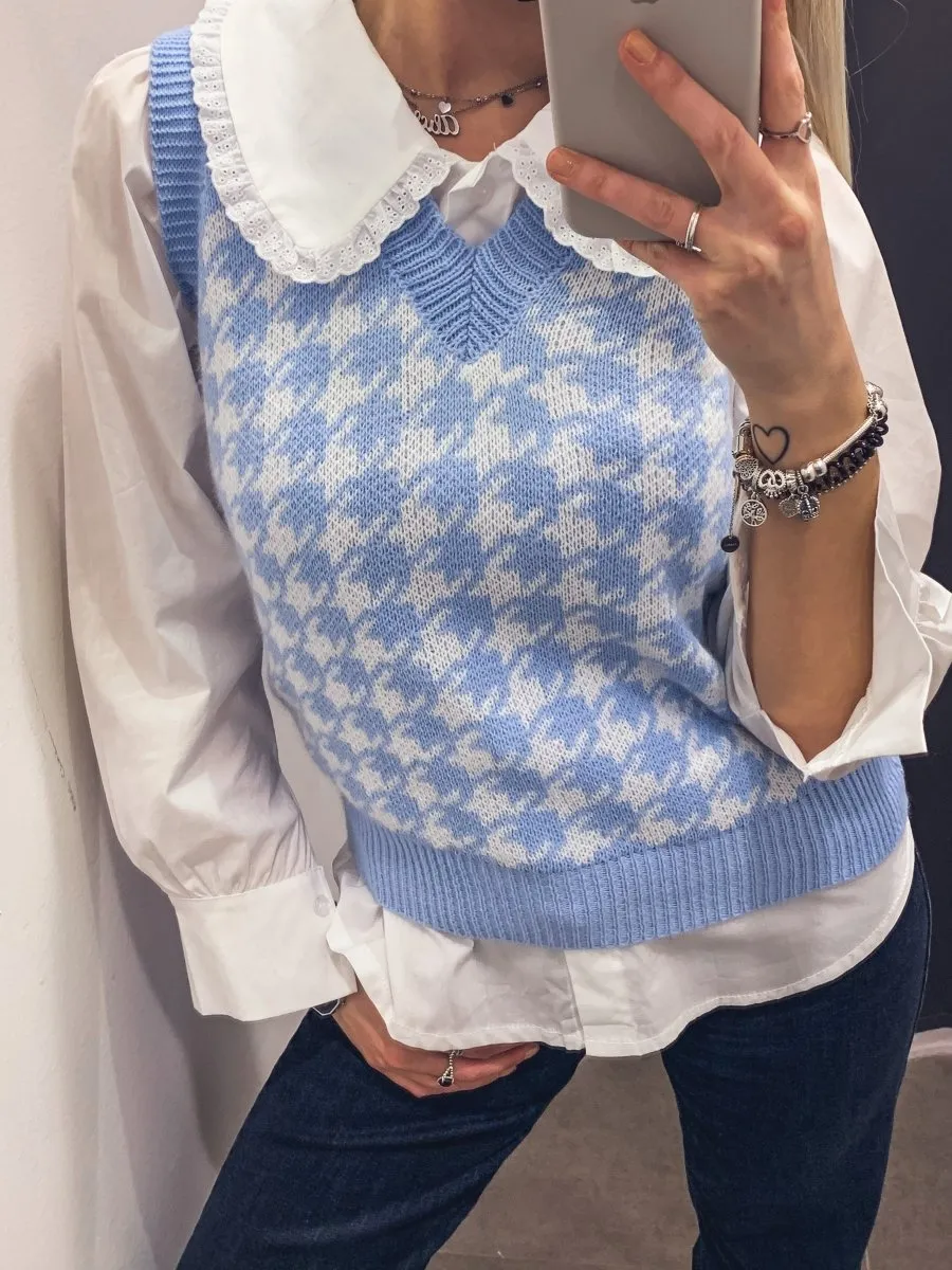 Gilet azzurro con fantasia pied-de-poule