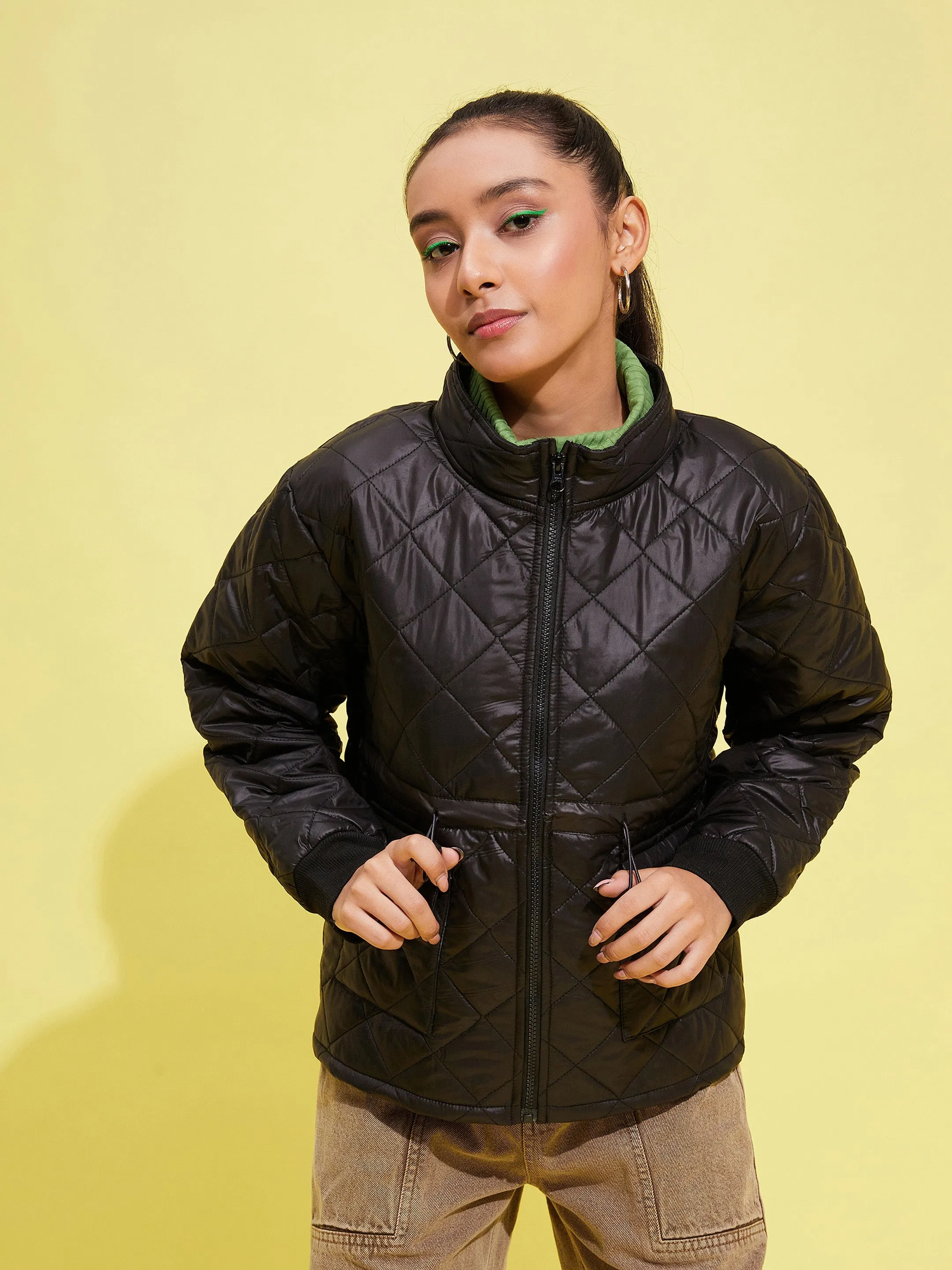 Girls Black Front Pocket Quilted Jacket