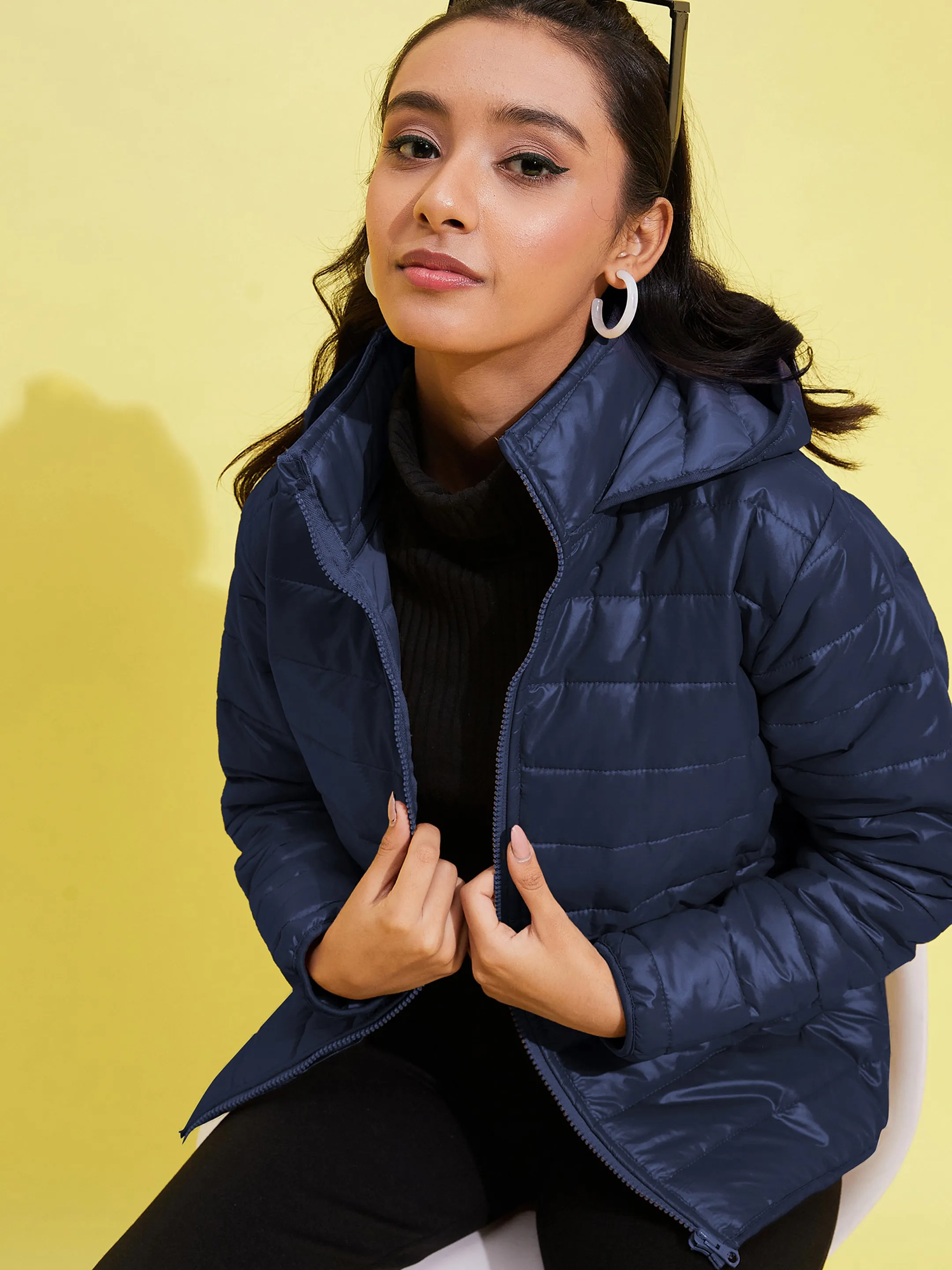 Girls Navy Quilted Hooded Jacket