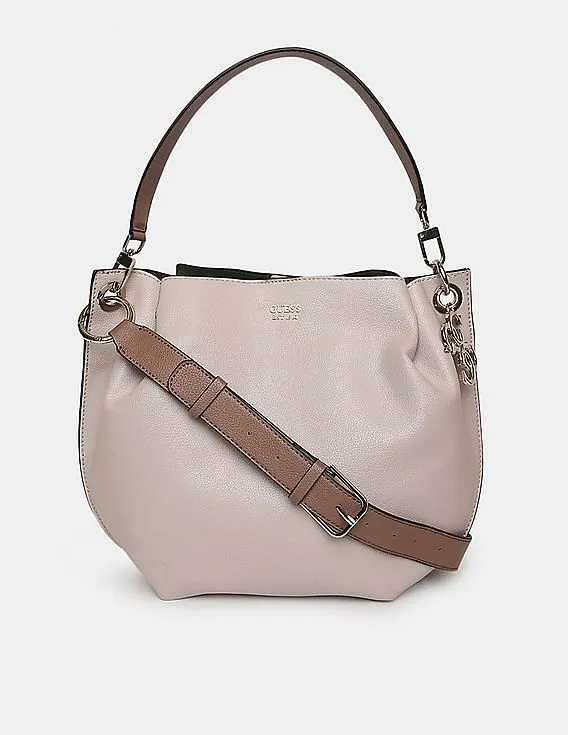 GUESS Women Beige And Black Detachable Strap Digital Hobo Bag