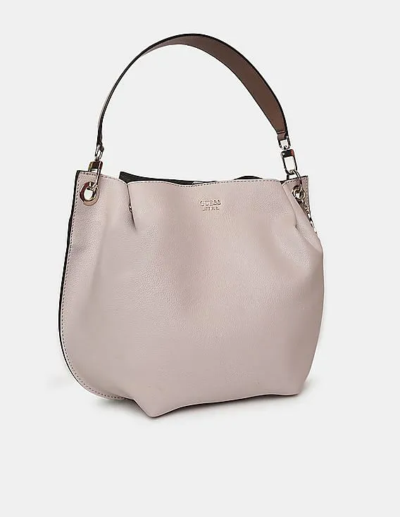 GUESS Women Beige And Black Detachable Strap Digital Hobo Bag