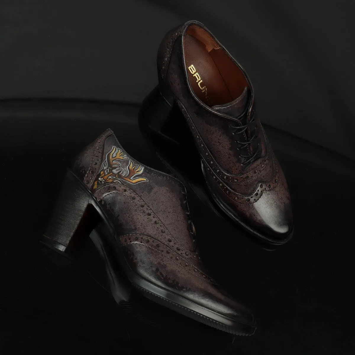 Hand Painted Deer Head Cloudy Grey-Black Full Wingtip Punching Brogues Oxford Patent Leather Boots by Brune & Bareskin