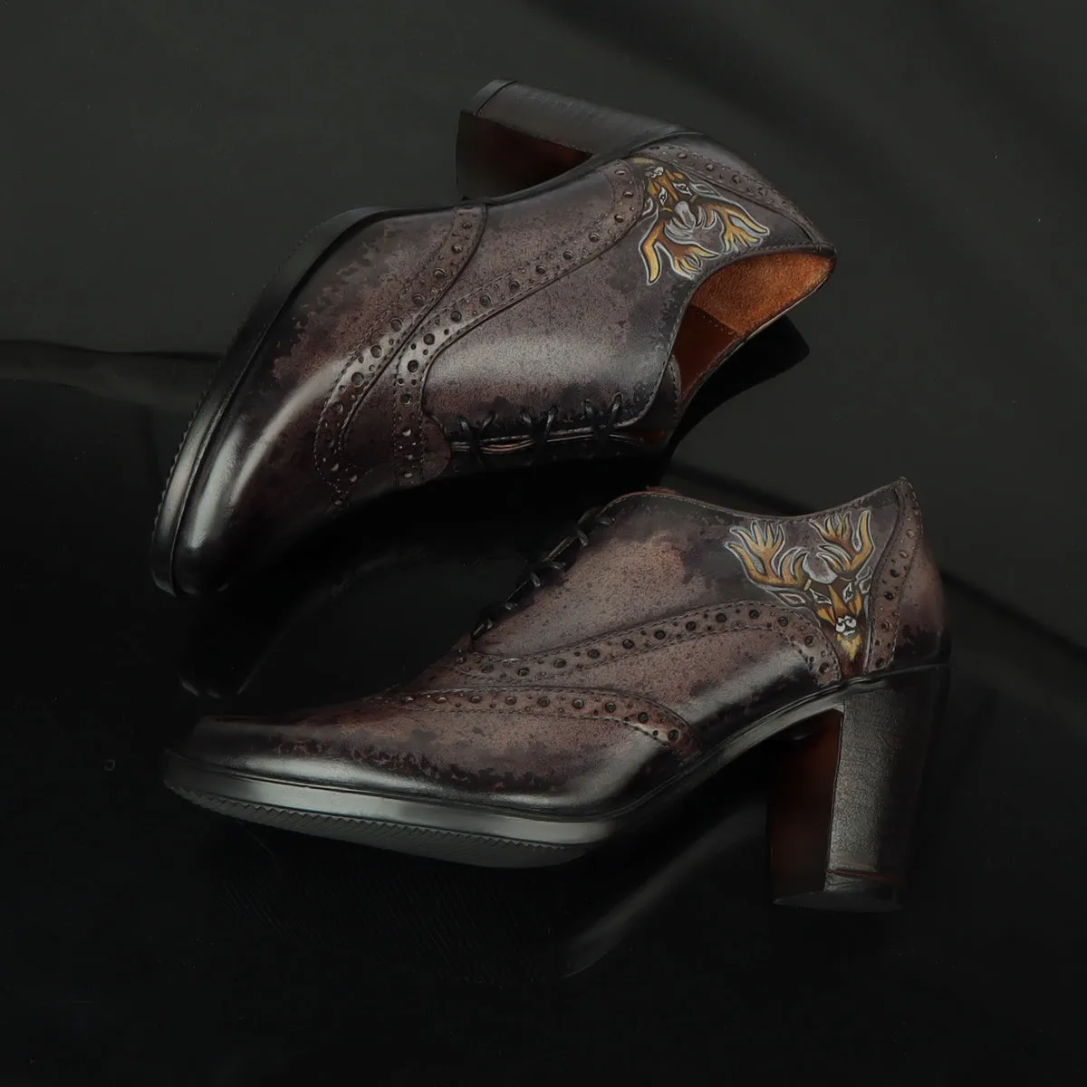 Hand Painted Deer Head Cloudy Grey-Black Full Wingtip Punching Brogues Oxford Patent Leather Boots by Brune & Bareskin