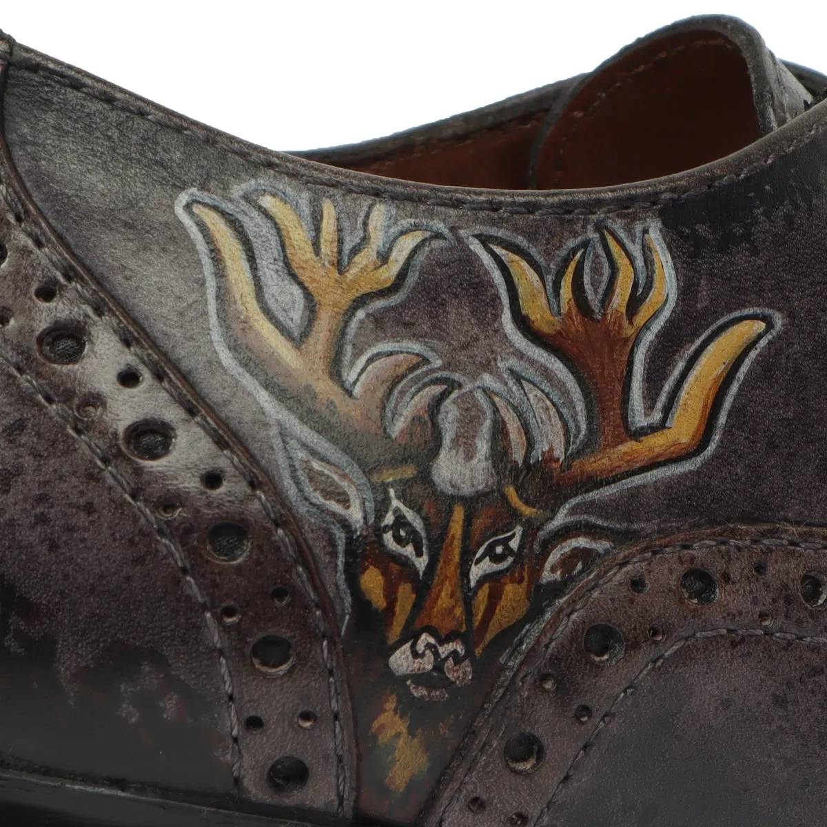 Hand Painted Deer Head Cloudy Grey-Black Full Wingtip Punching Brogues Oxford Patent Leather Boots by Brune & Bareskin