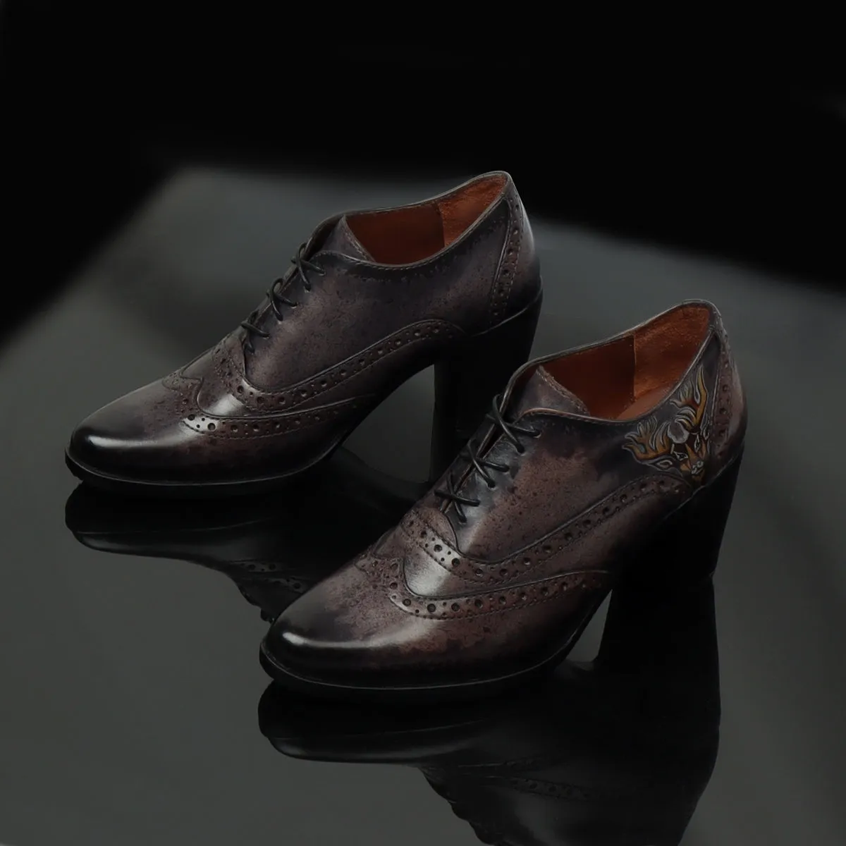 Hand Painted Deer Head Cloudy Grey-Black Full Wingtip Punching Brogues Oxford Patent Leather Boots by Brune & Bareskin