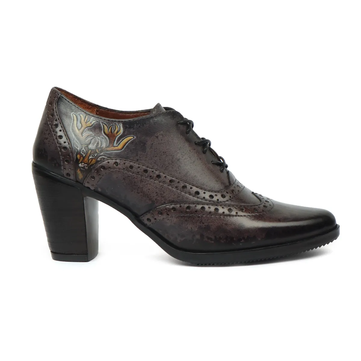 Hand Painted Deer Head Cloudy Grey-Black Full Wingtip Punching Brogues Oxford Patent Leather Boots by Brune & Bareskin