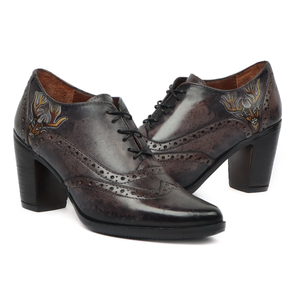 Hand Painted Deer Head Cloudy Grey-Black Full Wingtip Punching Brogues Oxford Patent Leather Boots by Brune & Bareskin