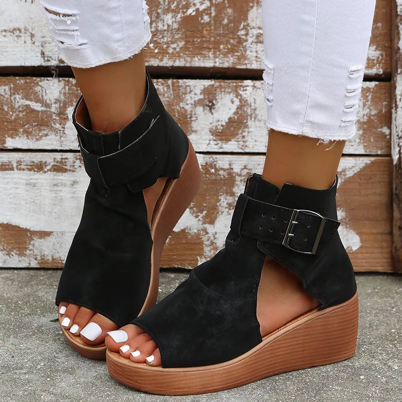 High-Top Wedge Sandals with Buckle Detail