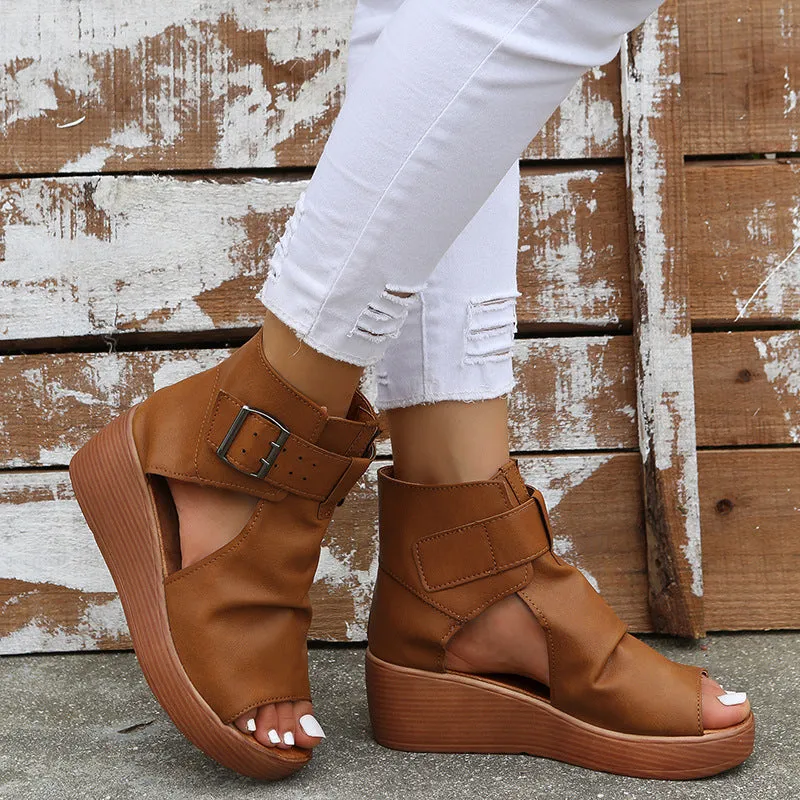 High-Top Wedge Sandals with Buckle Detail