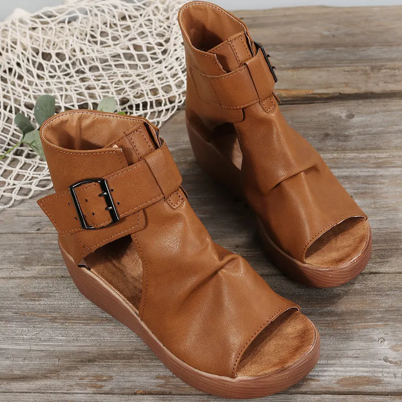 High-Top Wedge Sandals with Buckle Detail