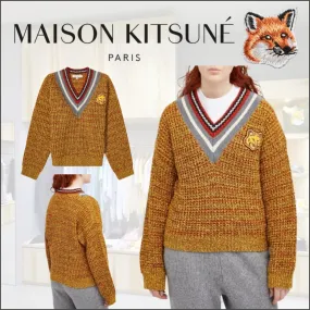 MAISON KITSUNE  |Stripes Casual Style Unisex Wool V-Neck Long Sleeves