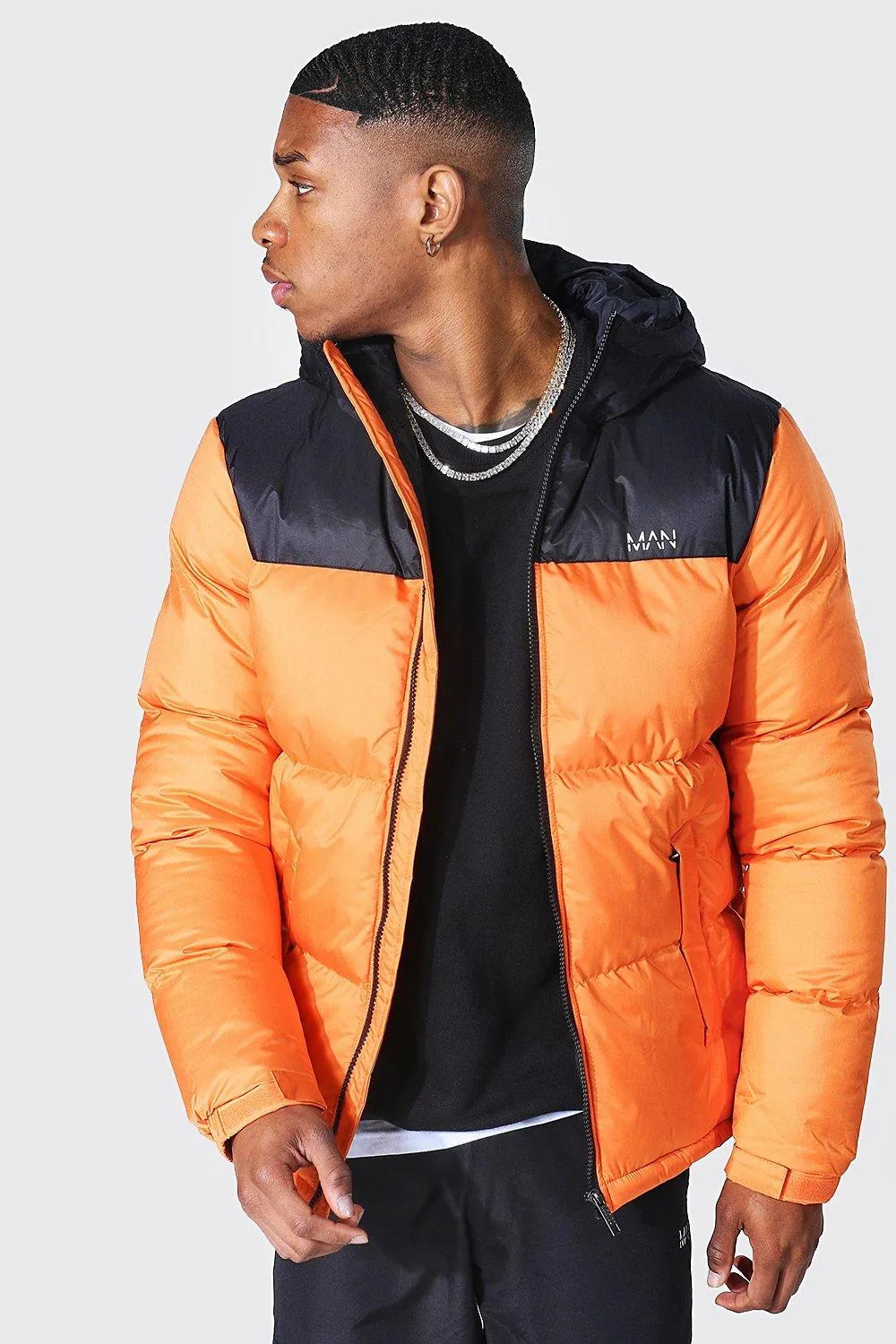 Man Dash Colour Block Hooded Puffer | boohooMAN UK