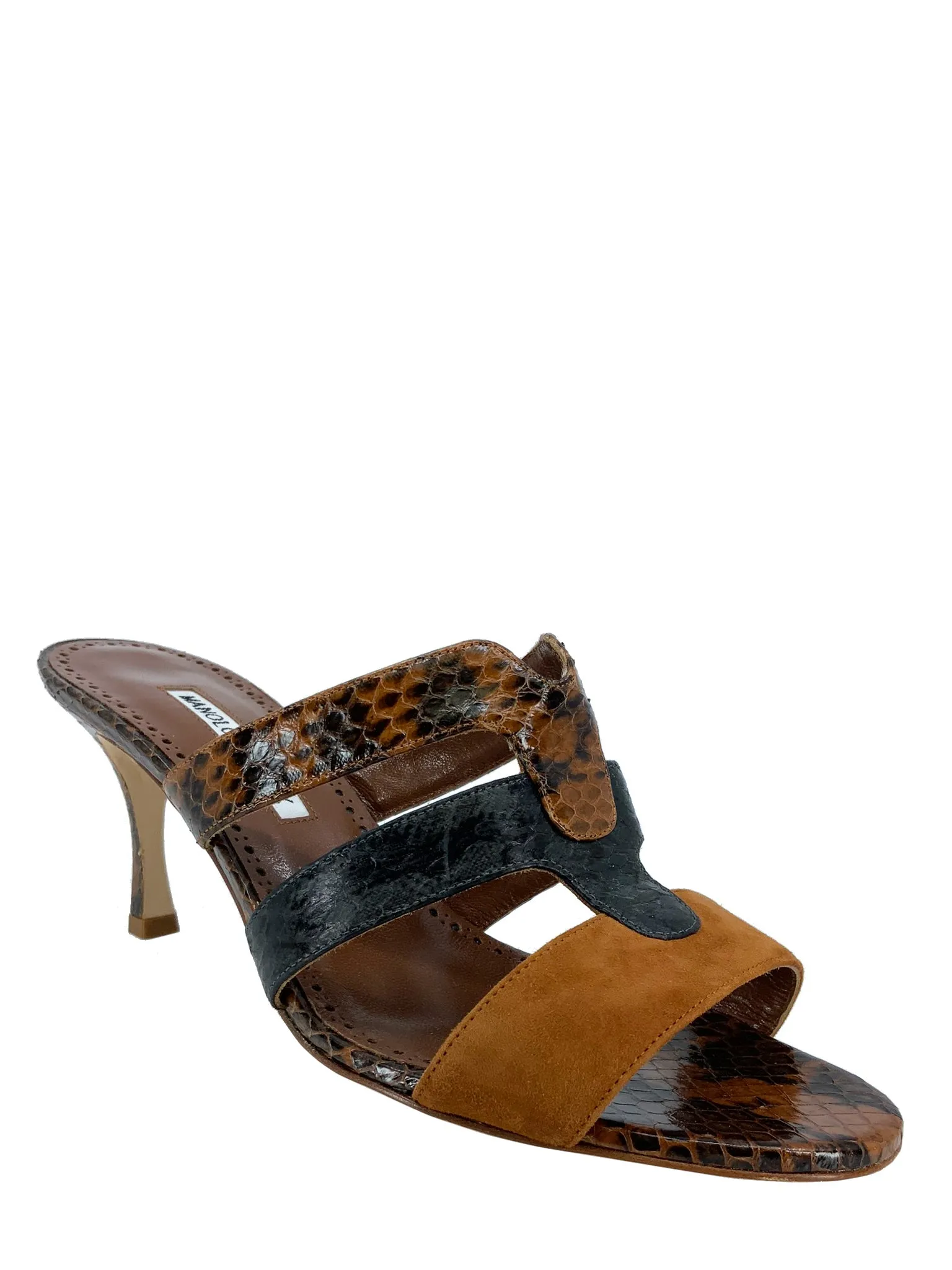 Manolo Blahnik Pennina Brown Suede and Snakeskin Mules Size 9