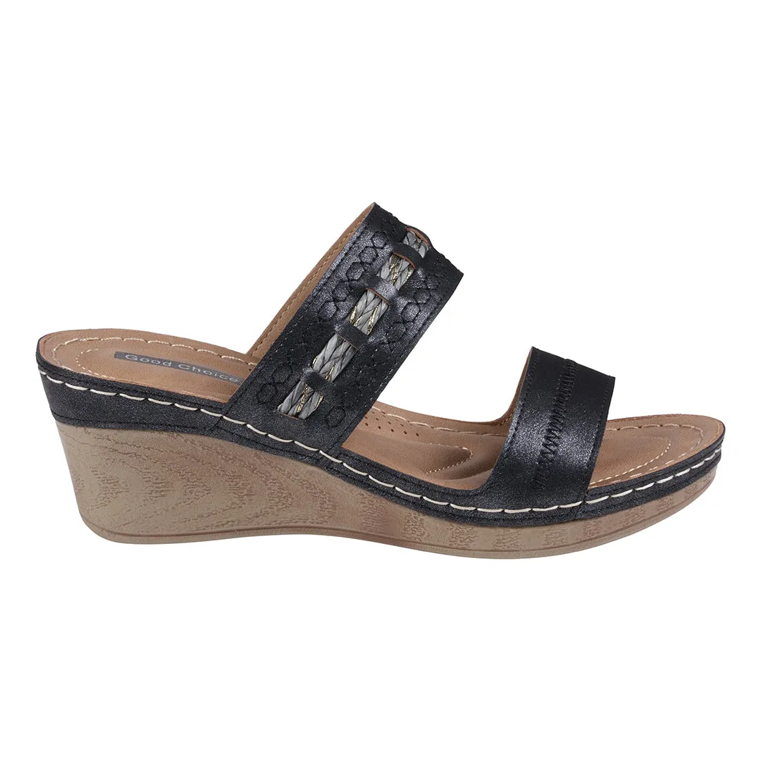 Mariah Black Open Toe Double Band Wedge Sandals