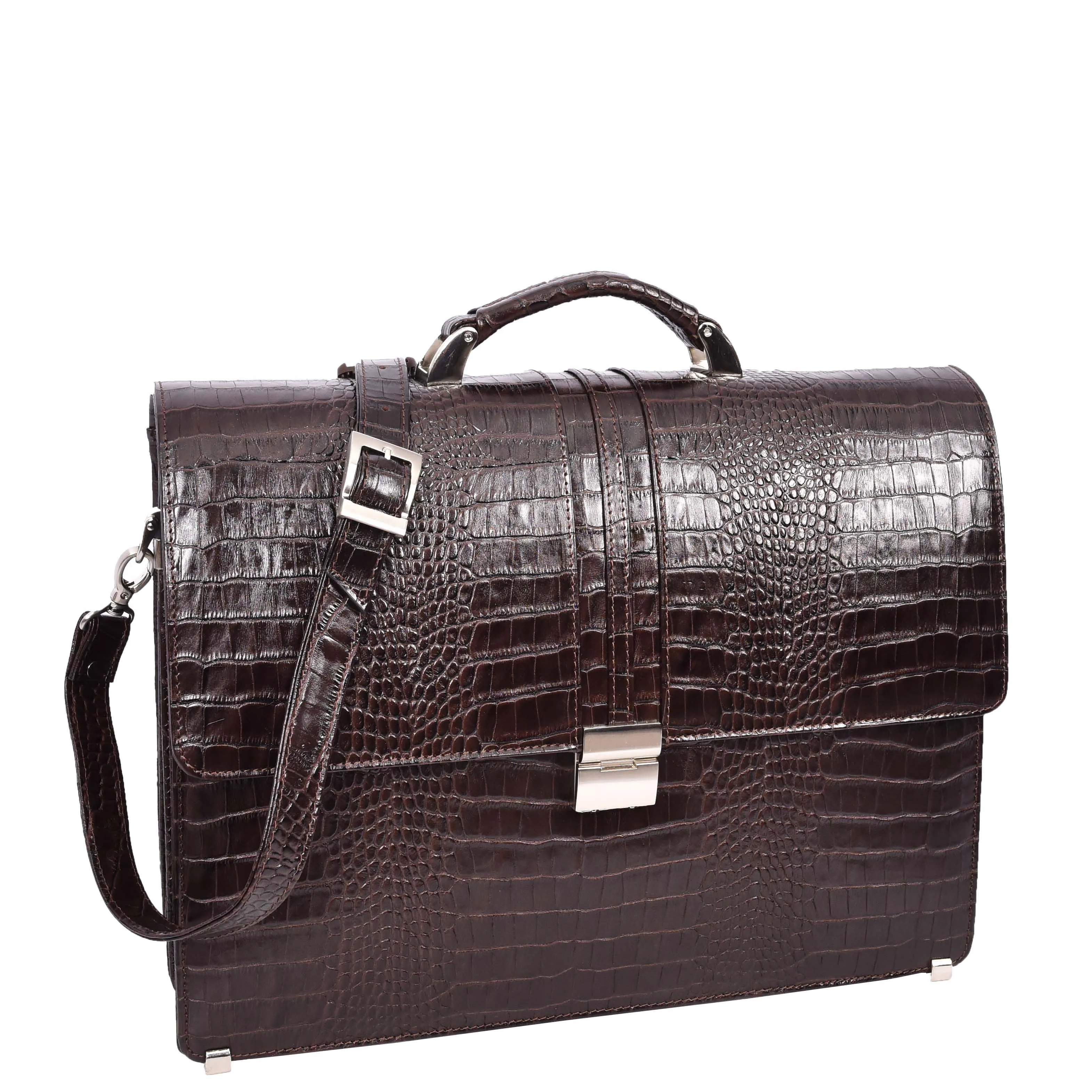 Mens Real Leather Croc-Print Briefcase Classic Bag Organiser Messenger Carter Brown