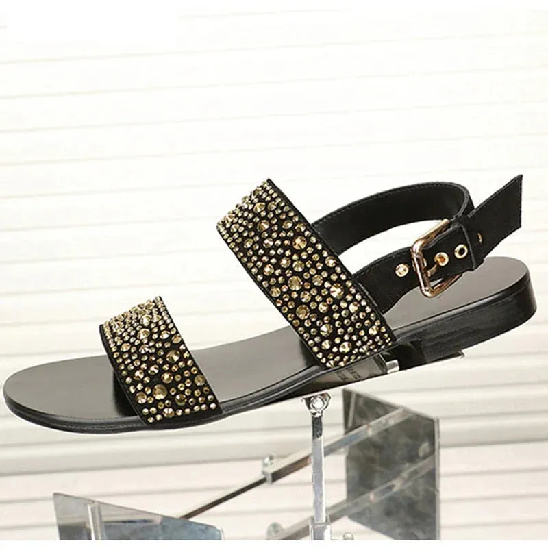 Men's Super Star Summer Black Golden Rhinestone Leather Big Size Sandals