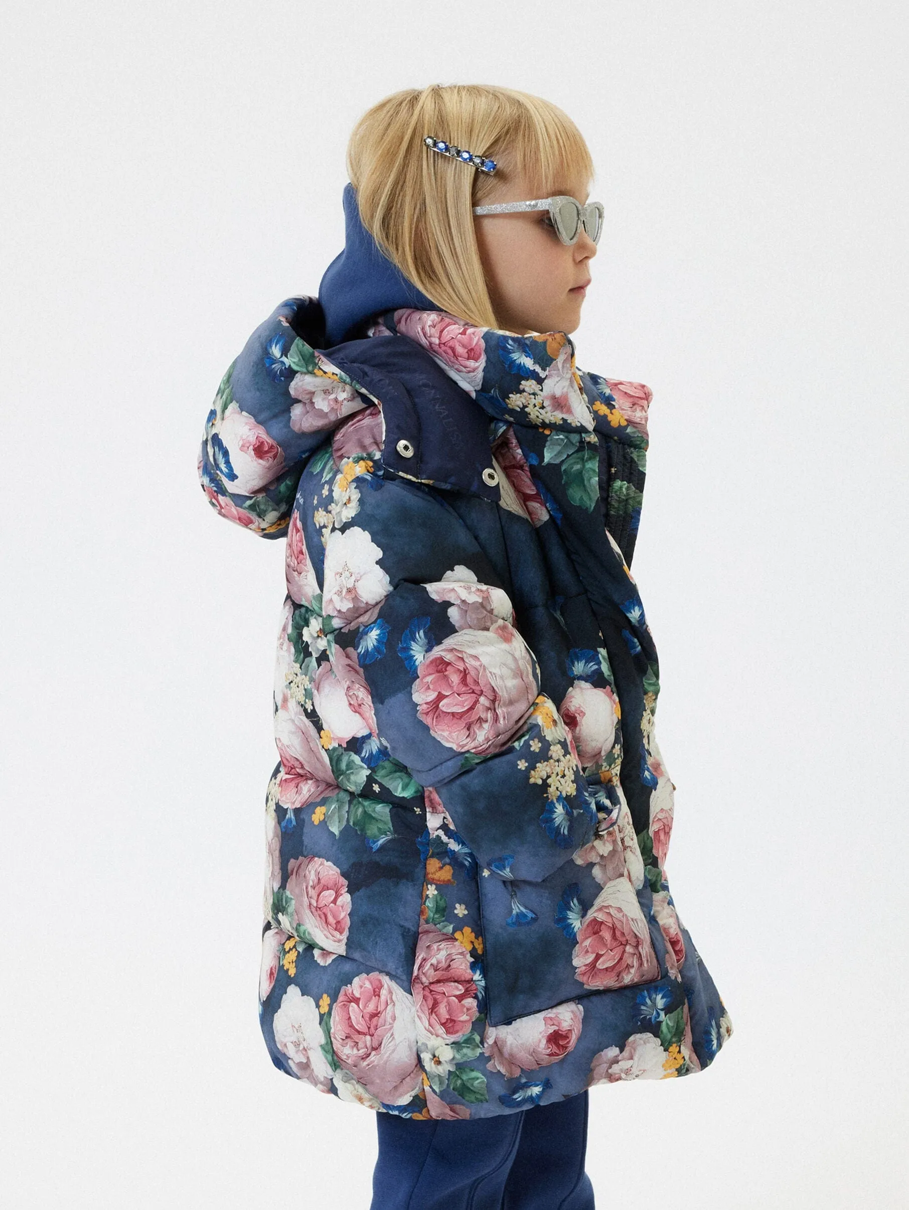 Monnalisa Girls Baroque Roses Puffer Jacket in Blue