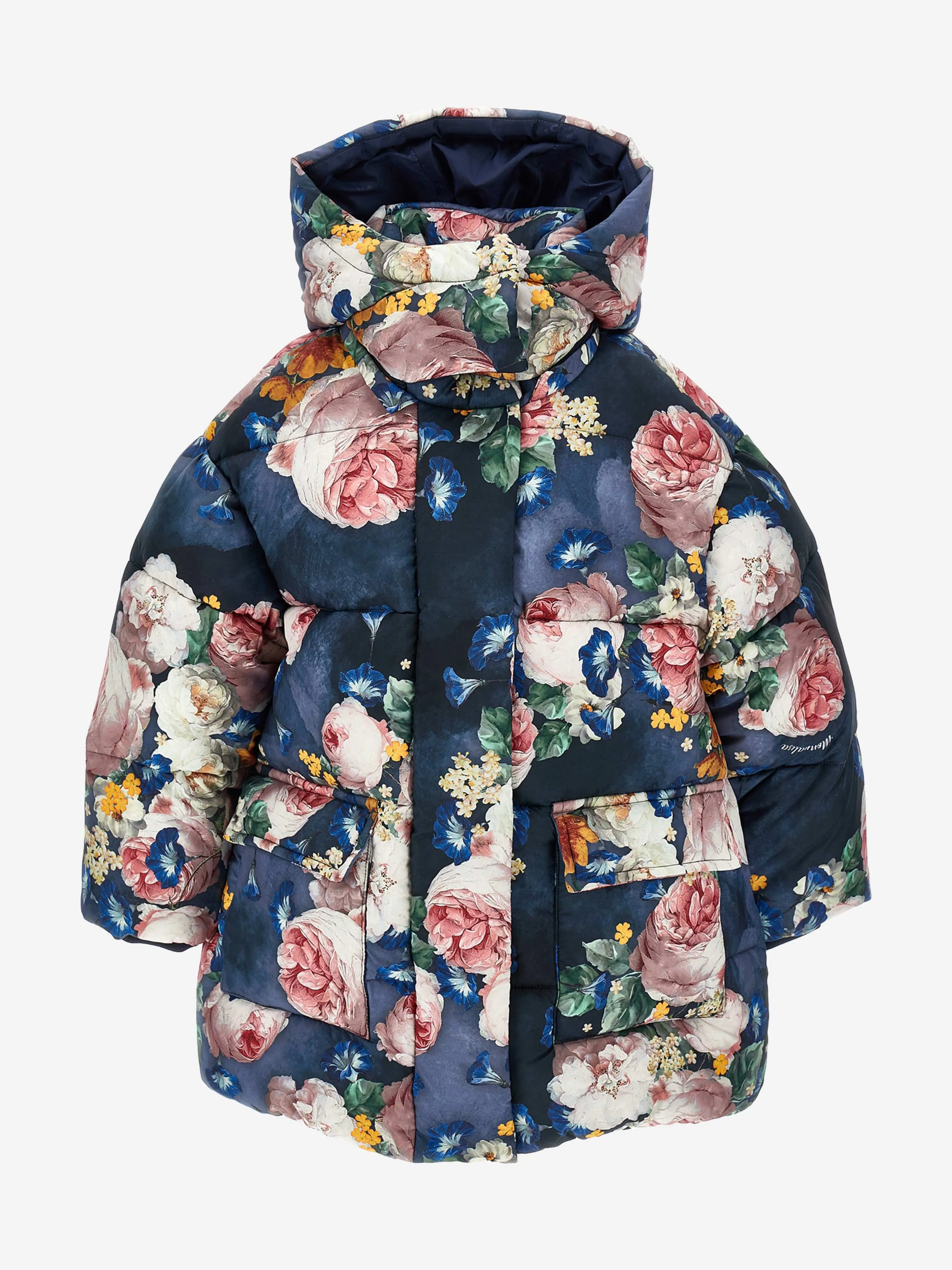 Monnalisa Girls Baroque Roses Puffer Jacket in Blue