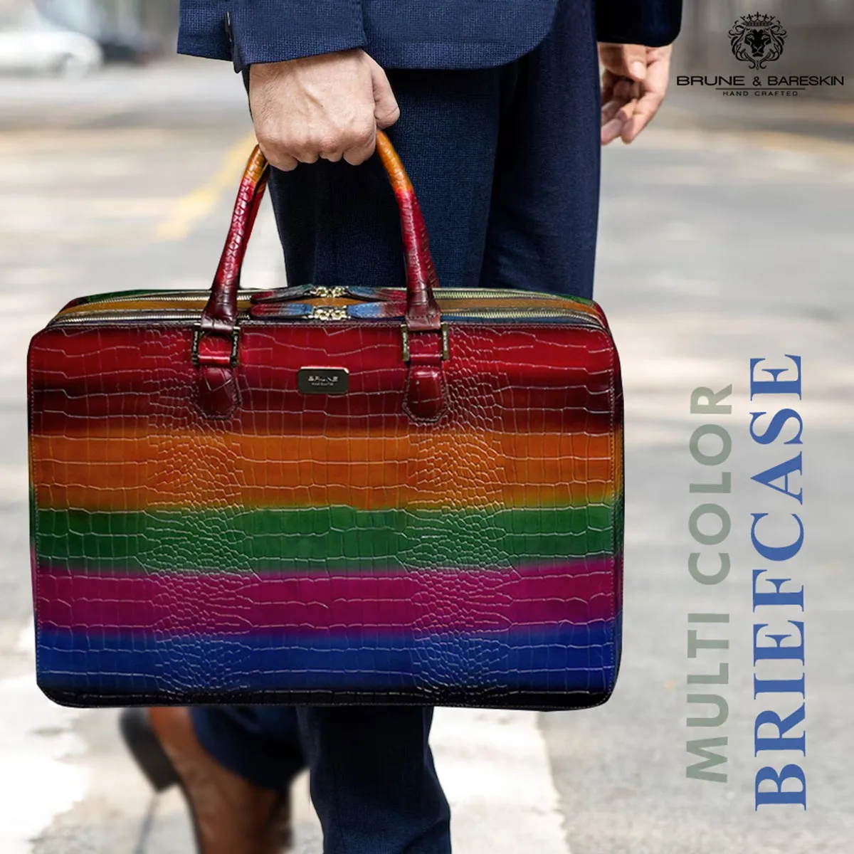 Multicolor Laptop Briefcase in  Deep Cut Croco Textured Leather